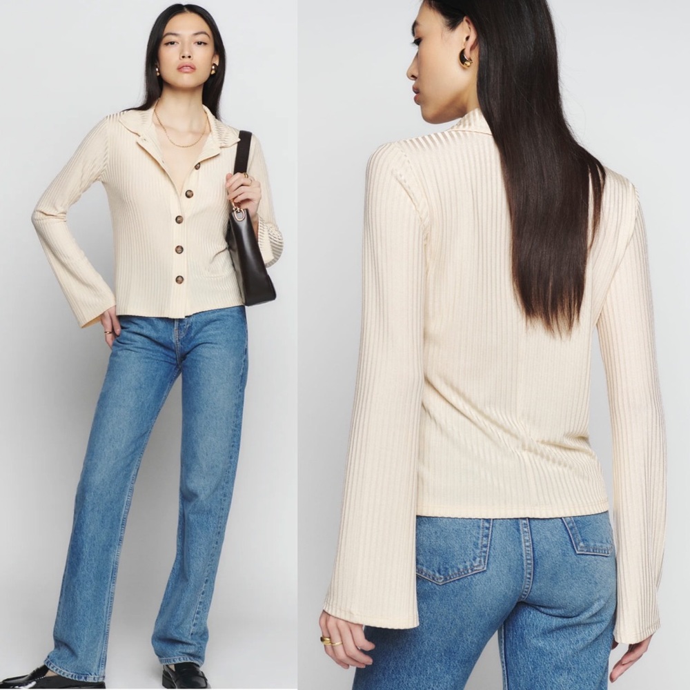 Reformation Cream Ribbed Button-Down Top
